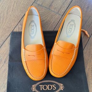 TOD'S Orange Leather Penny Loafers